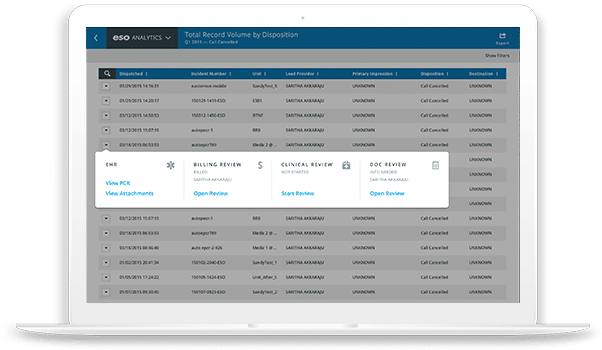 Laptop screenshot of ESO EMS Analytics Software landing page.