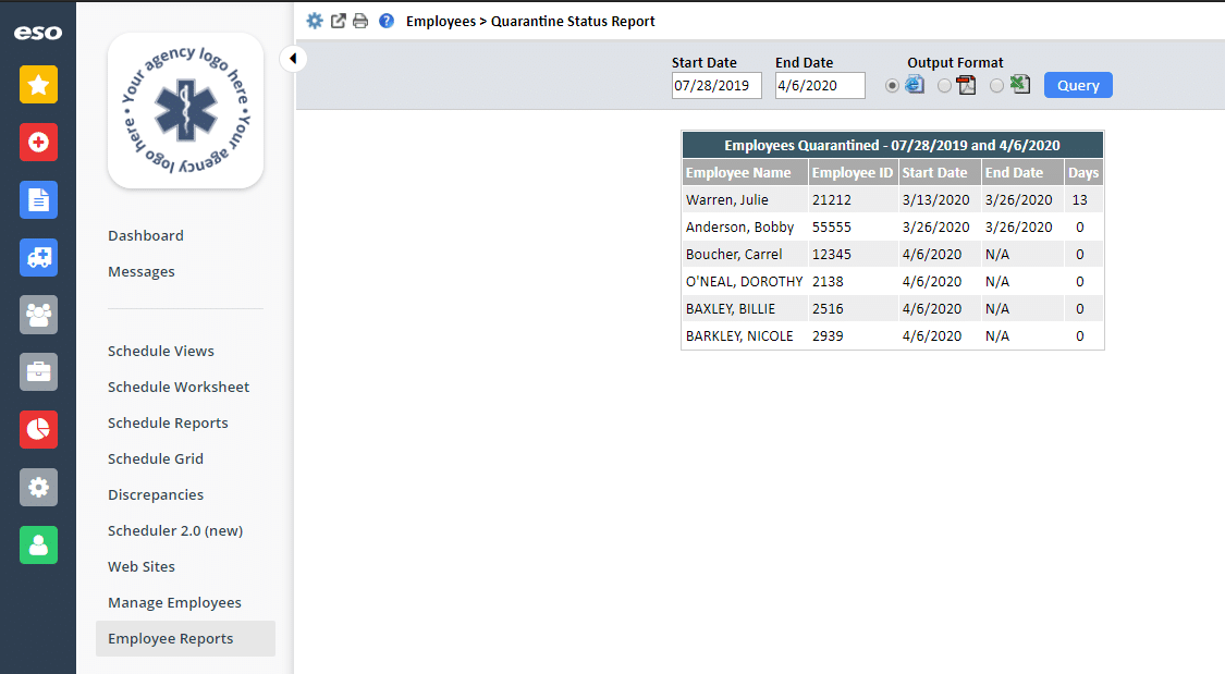 Desktop screenshot of Quarantine report for employees on ESO EMS Scheduling dashboard.