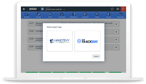 Laptop screenshot of Handtevy and TrackEMS by ESO under EMS EHR.