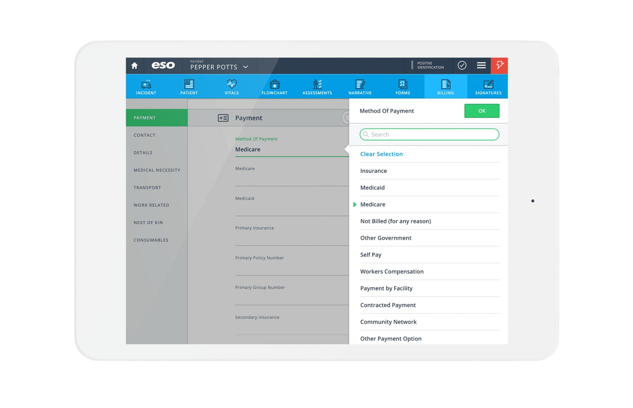 Tablet screenshot of method of payment for ESO EMS EHR Integrated Billing.