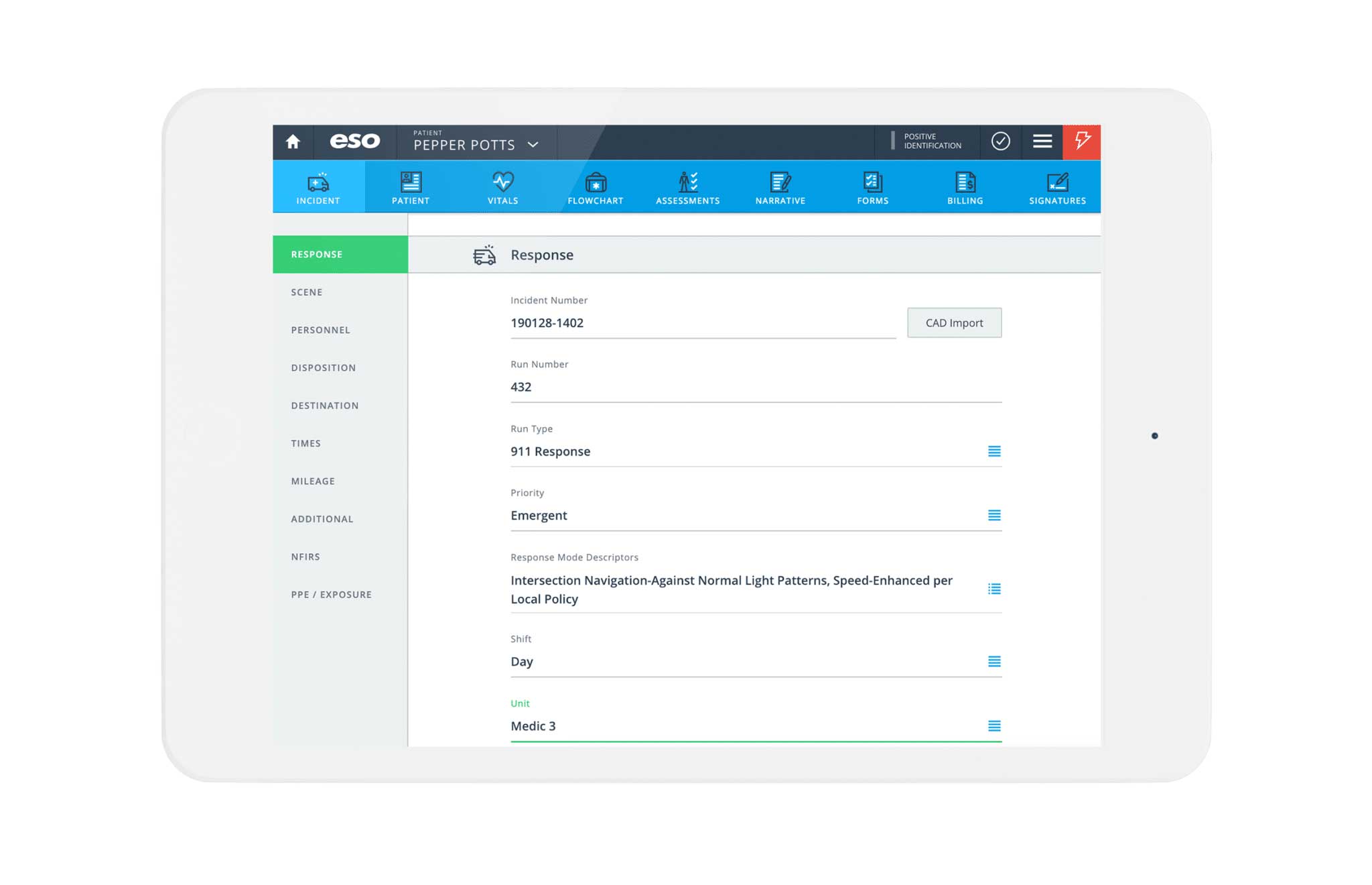 Tablet screenshot of Response page overview for ESO EMS EHR.