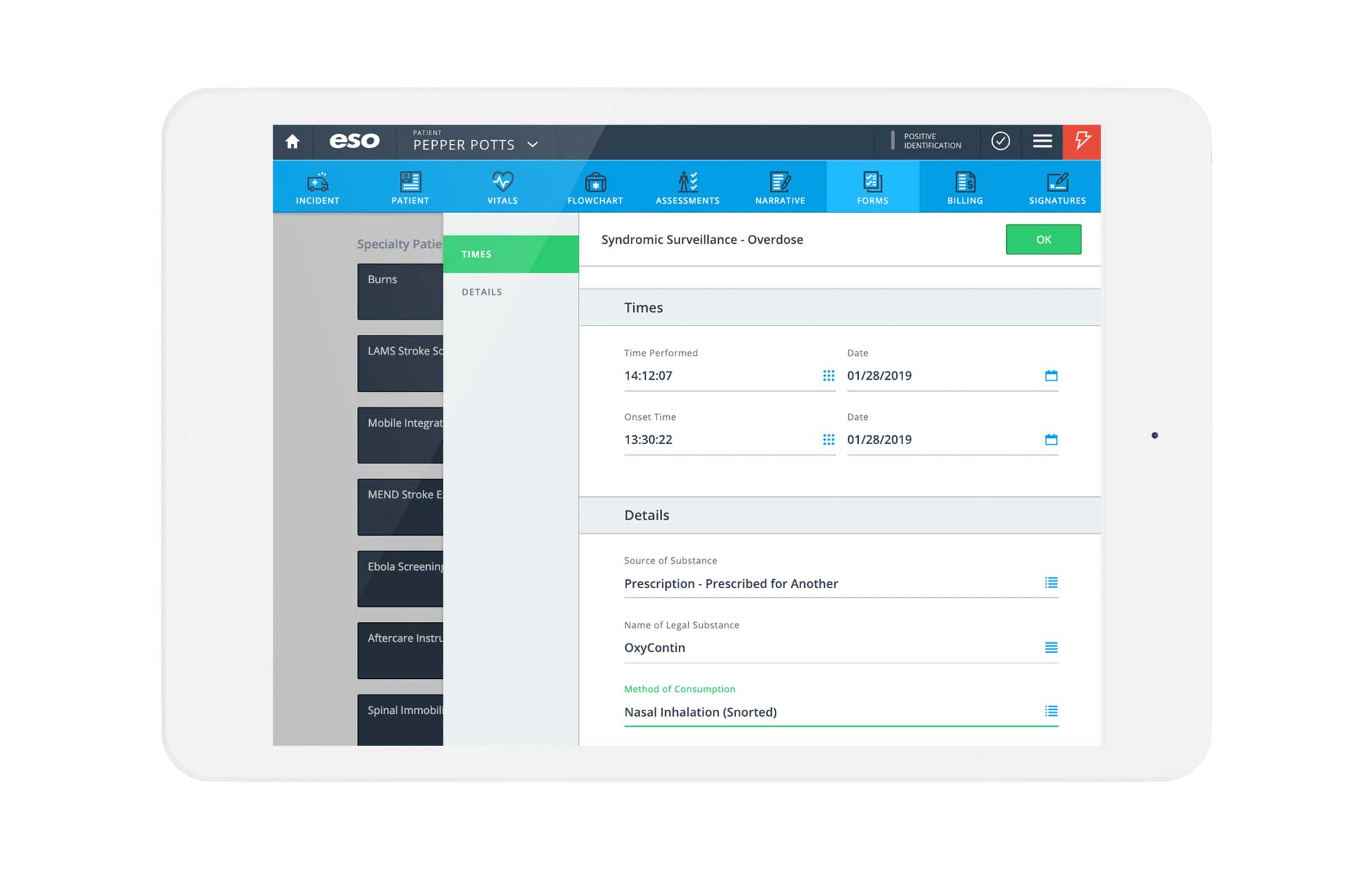 Tablet screenshot of overview of specialty patient for ESO EMS EHR.