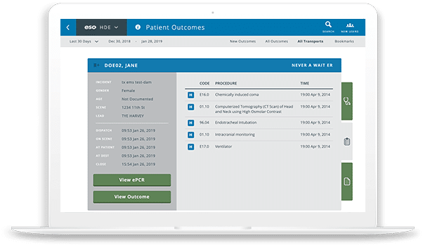 Laptop screenshot of Patient Outcomes in ESO EMS HDE for discrete data.