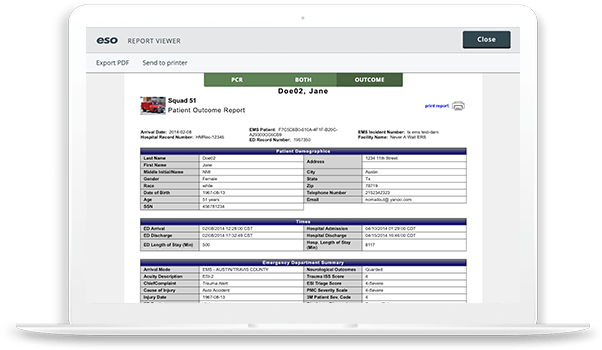 Laptop screenshot of ESO Patient Outcome report.