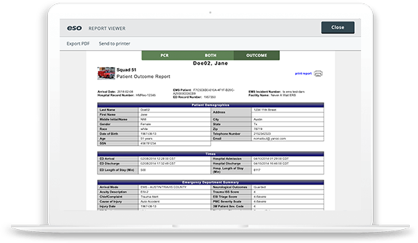 Laptop screenshot of ESO Patient Outcome report.