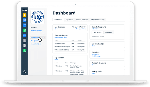 Laptop screenshot of dashboard view in ESO EMS Scheduling.