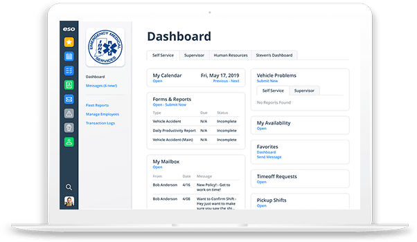 Laptop screenshot of dashboard view on self-service tab in ESO EMS Scheduling.