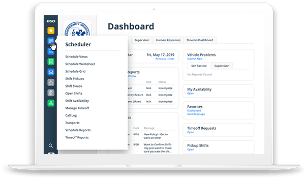 Laptop screenshot of dashboard with open scheduler menu in ESO EMS Scheduling.