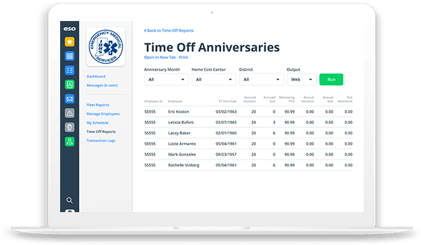 Laptop screenshot of view of Time Off Anniversaries in ESO EMS Scheduling.