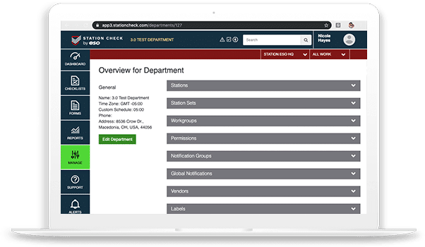 Department overview in EMS Checklists based on role.