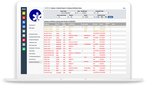Laptop screenshot of scheduling for certification in ESO EMS Scheduling.