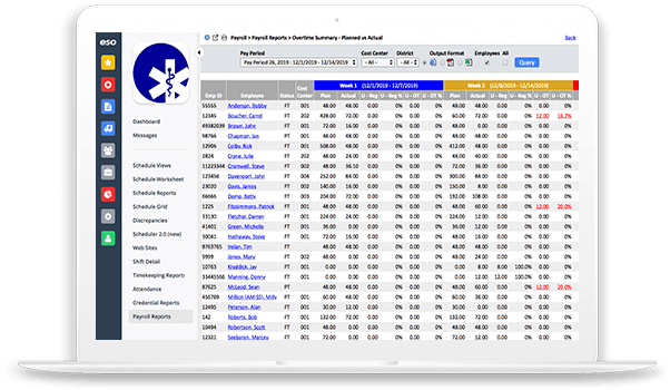 Laptop screenshot of view of reporting options in ESO EMS Scheduling.