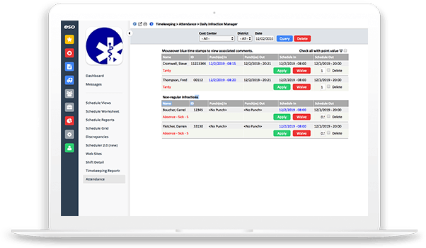 Attendance overview for EMS scheduling manager.