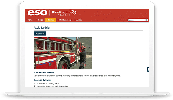 Laptop screenshot of the FireRescue1 Academy training tab.