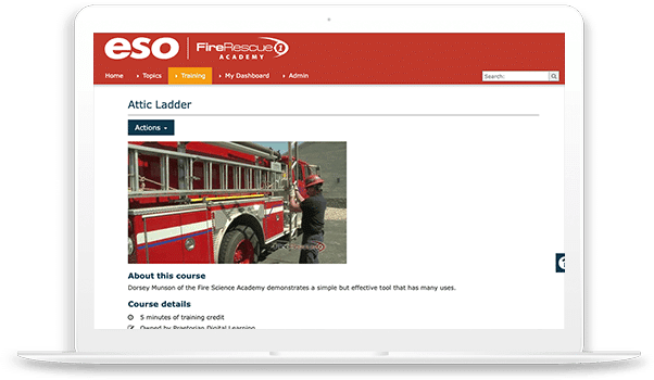 Laptop screenshot of the FireRescue1 Academy training tab.