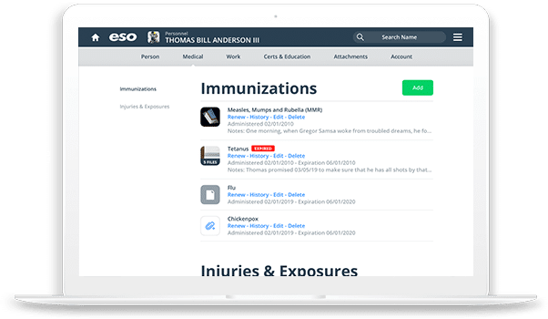 Laptop screenshot of view of Immunizations page for ESO EMS Personnel Management.