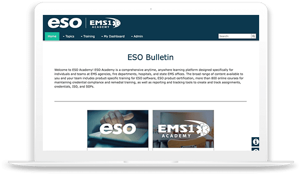 Laptop screenshot of ESO Bulletin on EMS1 Academy.