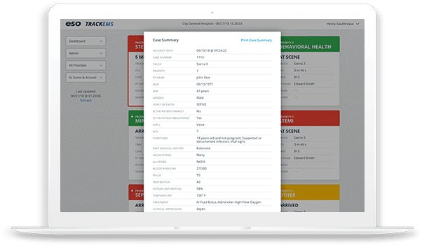 View of case summary for EMS hospital alerting.