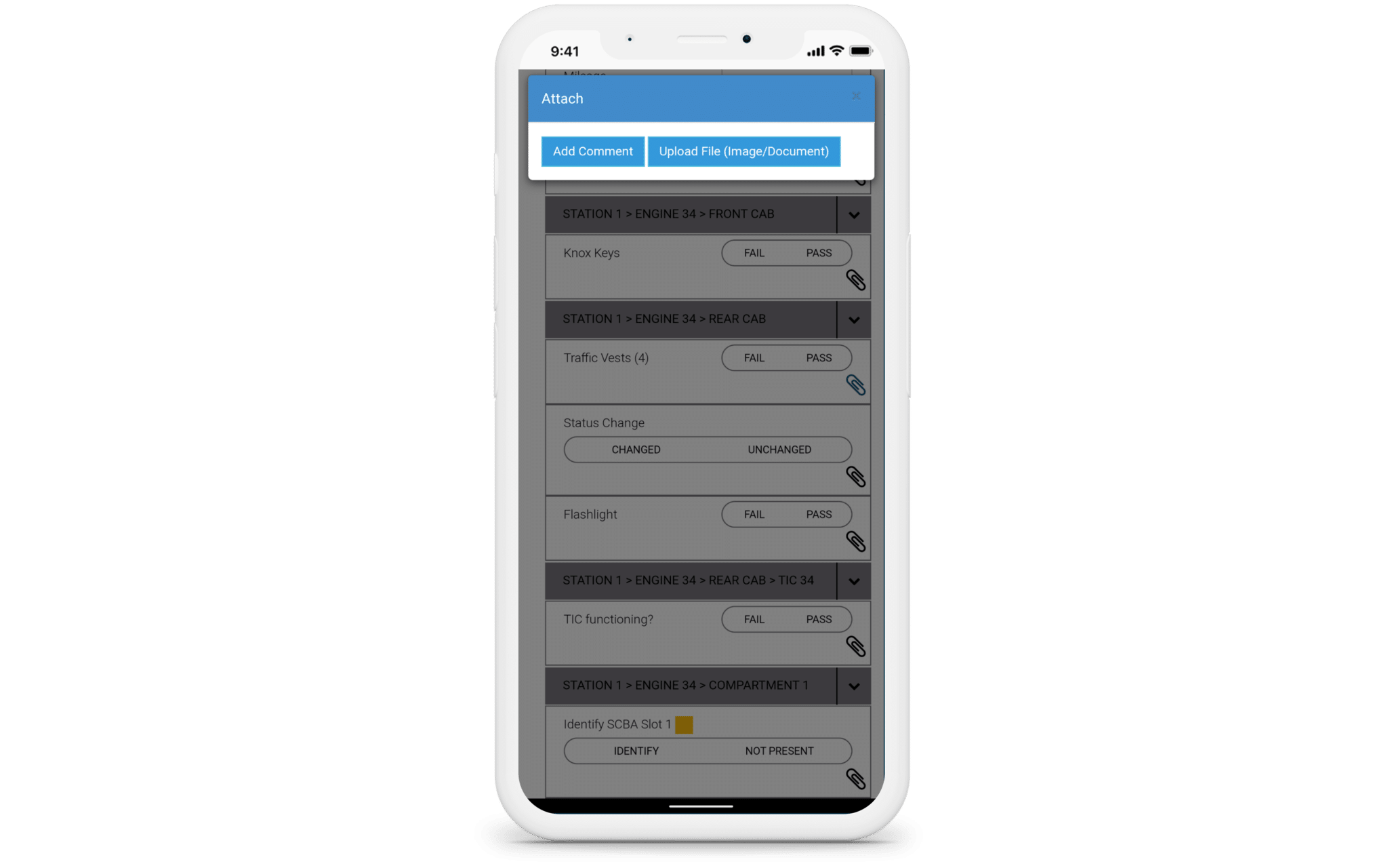 View of attachment box in EMS Checklists on mobile phone.