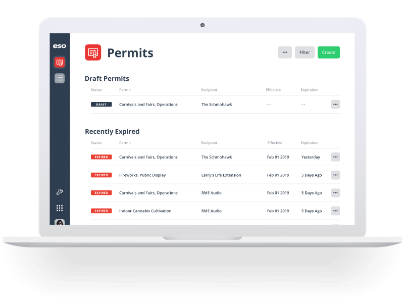 Screenshot of ESO Permits page with listing of drafts and expired permits.