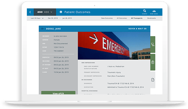 Laptop screenshot of ESO EMS HDE Patient Outcomes feature.