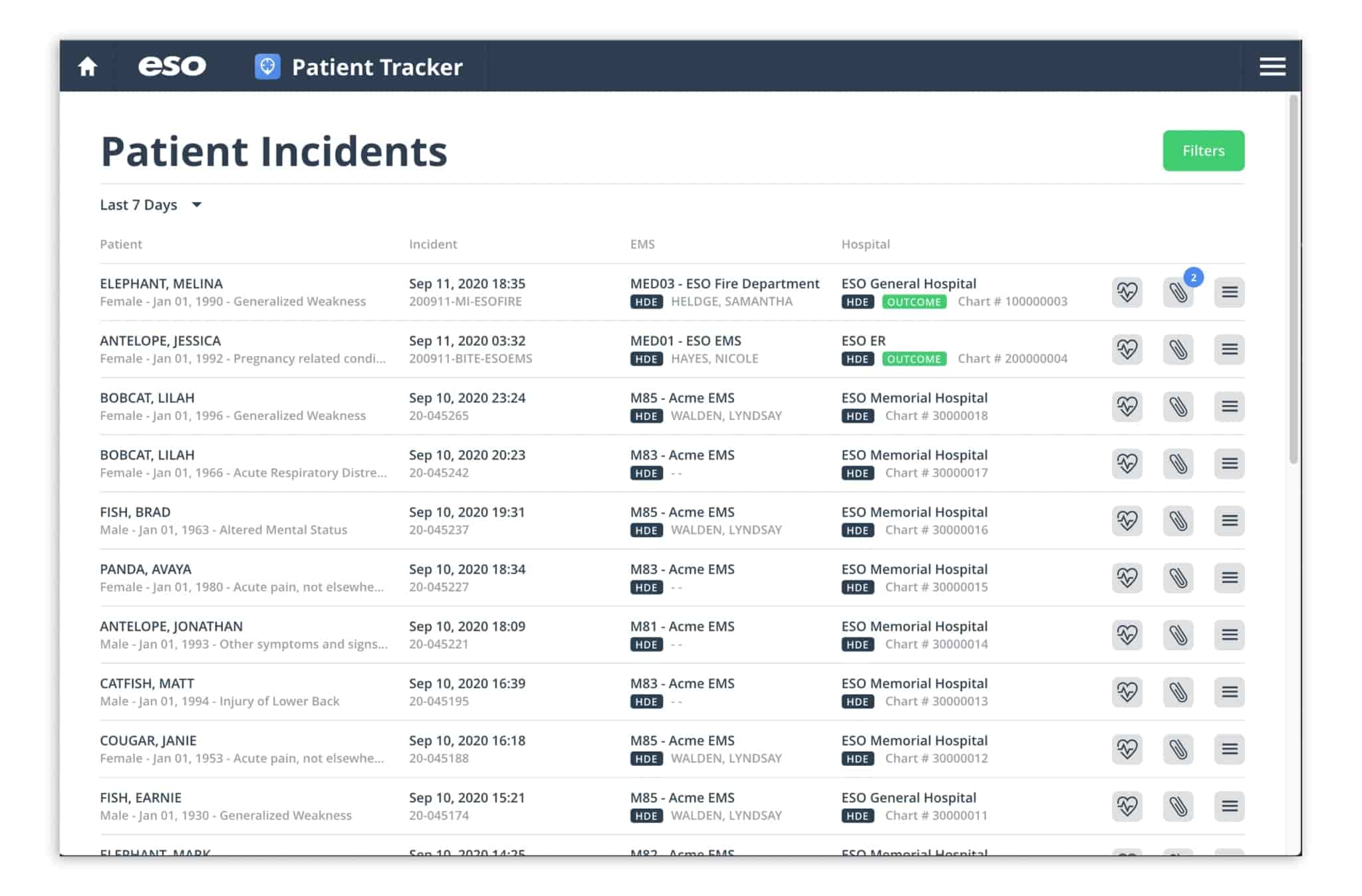 View of patient incidents page for patient registry HDE.