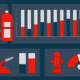 Illustration of fire fighting supplies and bar graphs.