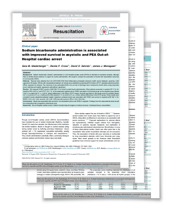 Three pages of an ESO research on the role of sodium bicarbonate (bicarb) in cardiac arrest.
